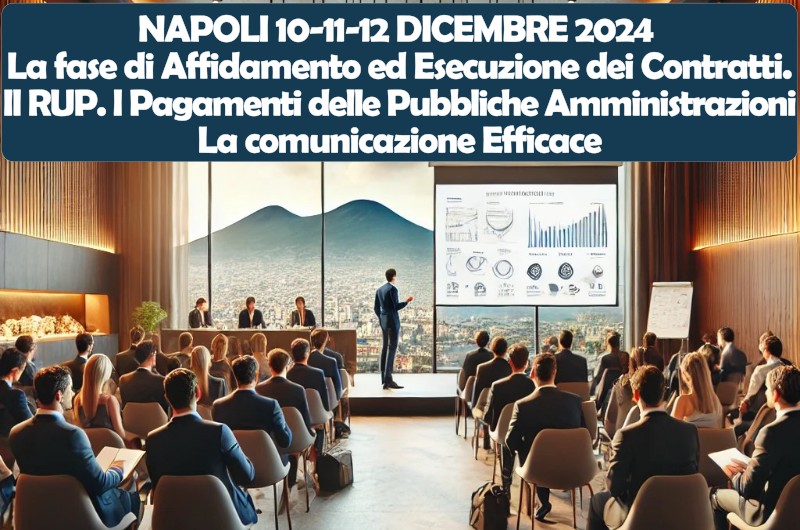 NAPOLI 10-11-12 DICEMBRE 2024 - LA FASE DI AFFIDAMENTO ED ESECUZIONE DEI CONTRATTI. IL RUP. I PAGAMENTI DELLE PUBBLICHE AMMINISTRAZIONI. LA COMUNICAZIONE EFFICACE